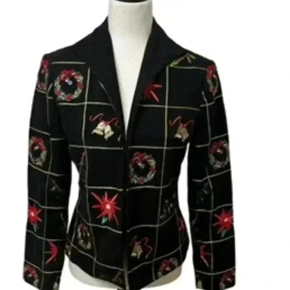 Mak New York Holiday Blazer Jacket With Christmas Embroidery Women’s Sz 4 - Picture 1 of 11